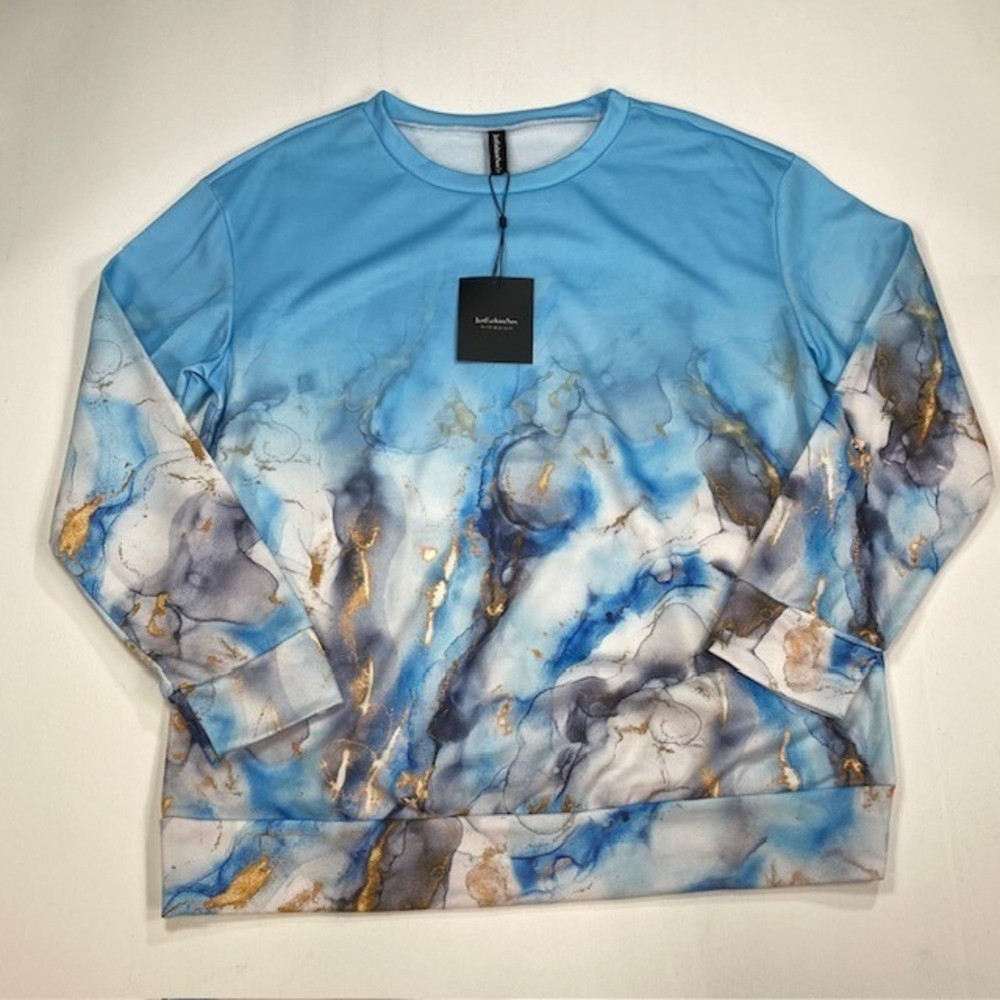 JustFashionNow Blue Marble‎ Ink Print Long Sleeve Pullover Top XL Gold Accents
